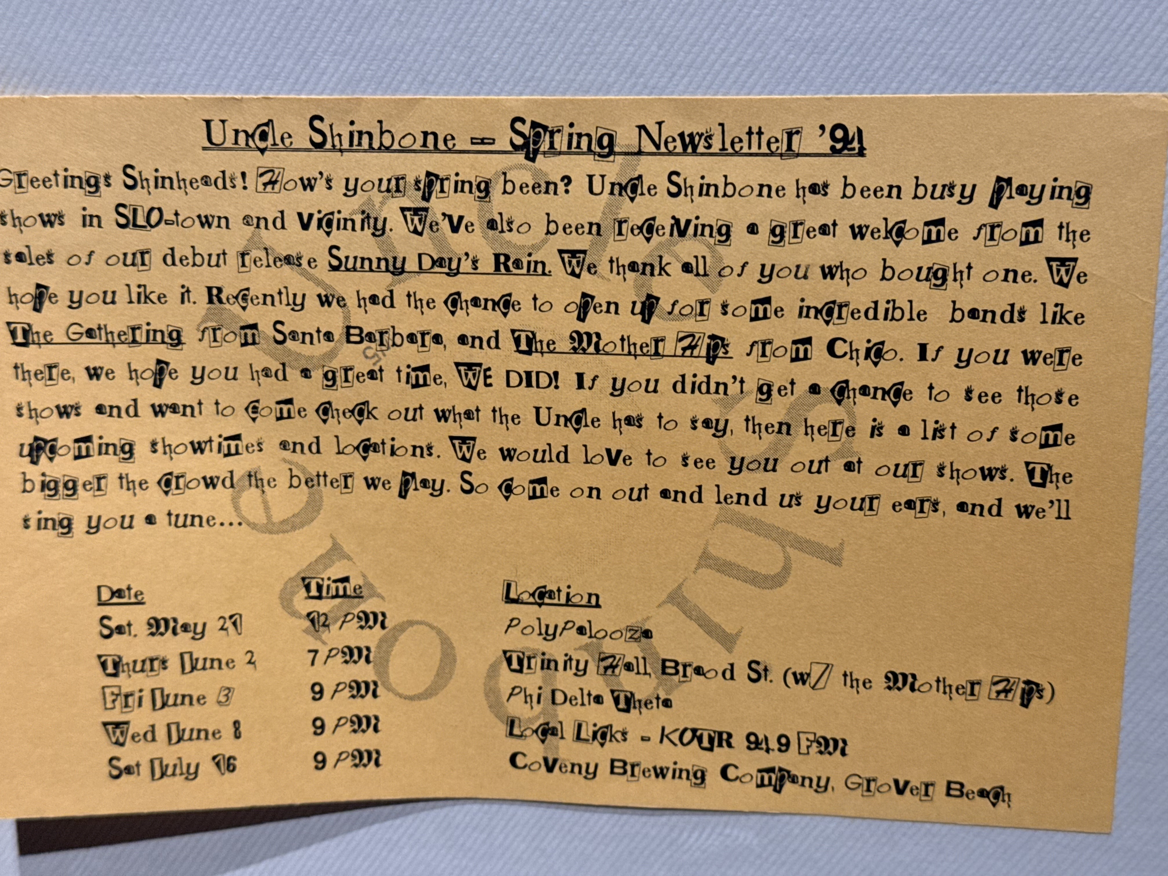 Newsletter - Spring 1994 - Uncle Shinbone archive media