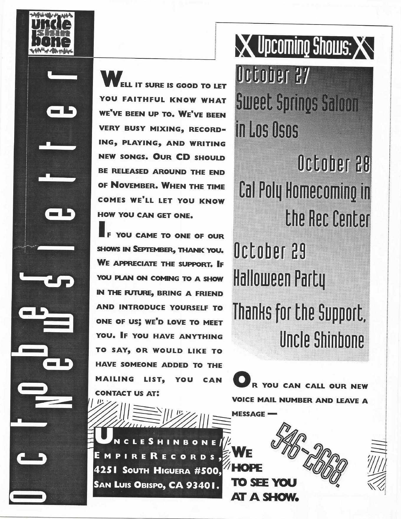 Newsletter: October 1994 upcoming shows newsletter - Uncle Shinbone archive media
